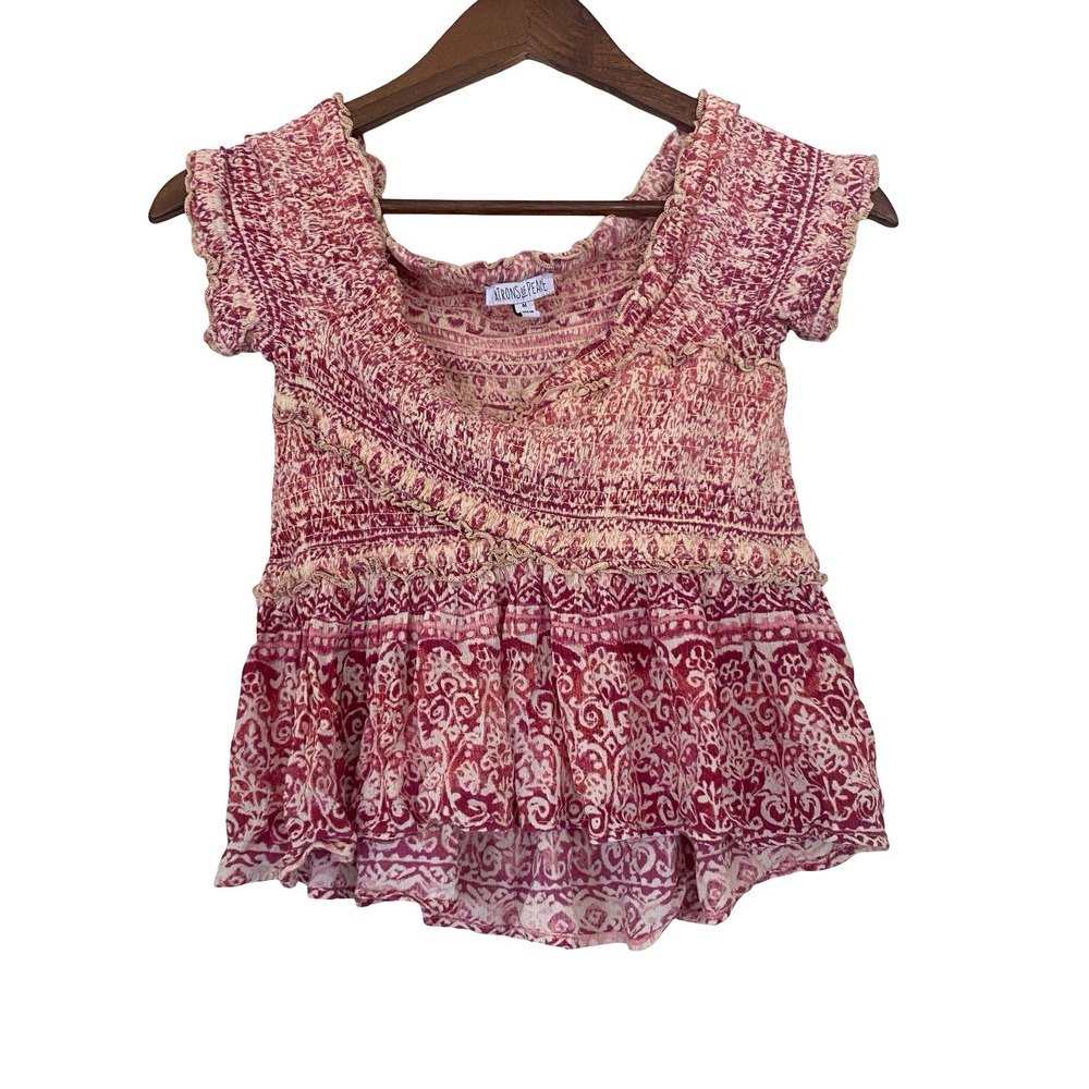 Patrons of Peace Smocked Peplum Top Medium Pink Boho Off Shoulder Rayon